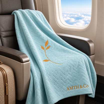 Light blue AMTH & Co Haven Blanket arranged on an airplane seat