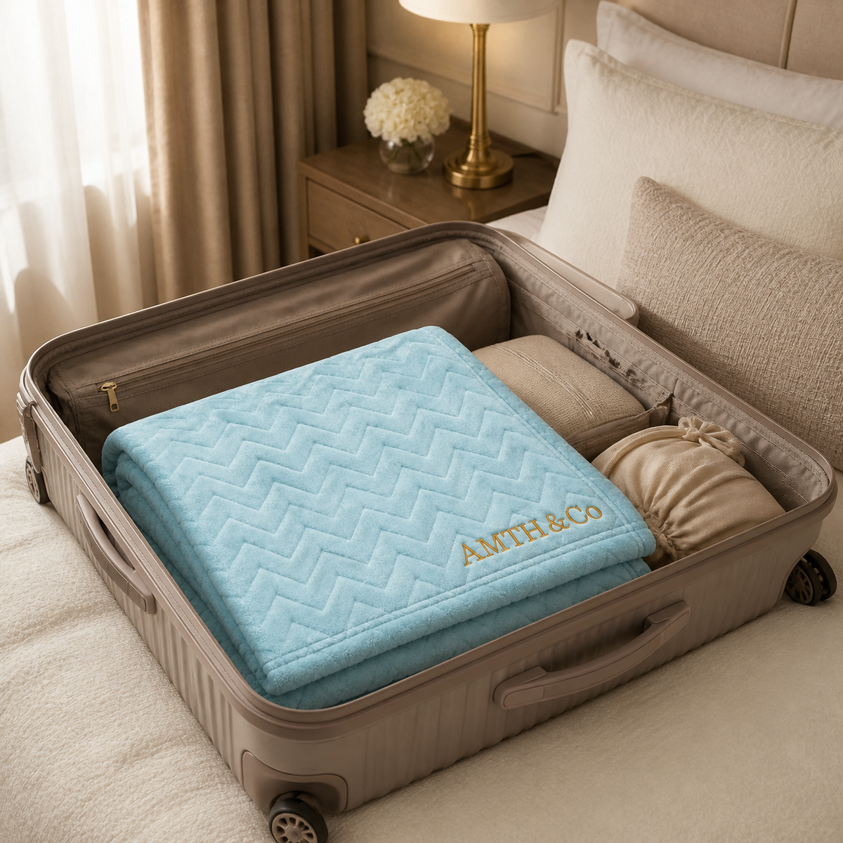 AMTH & Co Haven Blanket folded inside an open suitcase in a warm hotel room