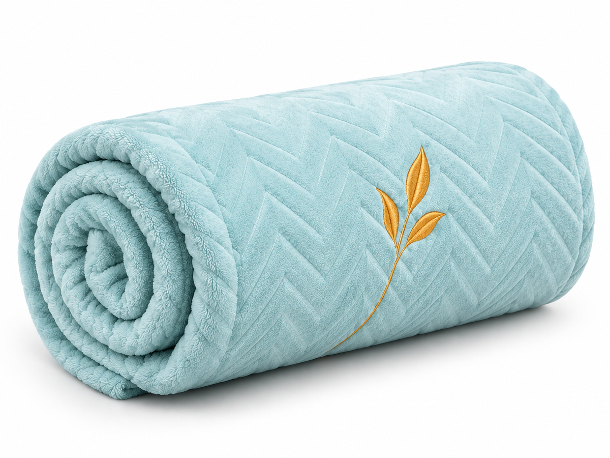 AMTH & Co Haven Blanket rolled in light blue with gold leaf embroidery