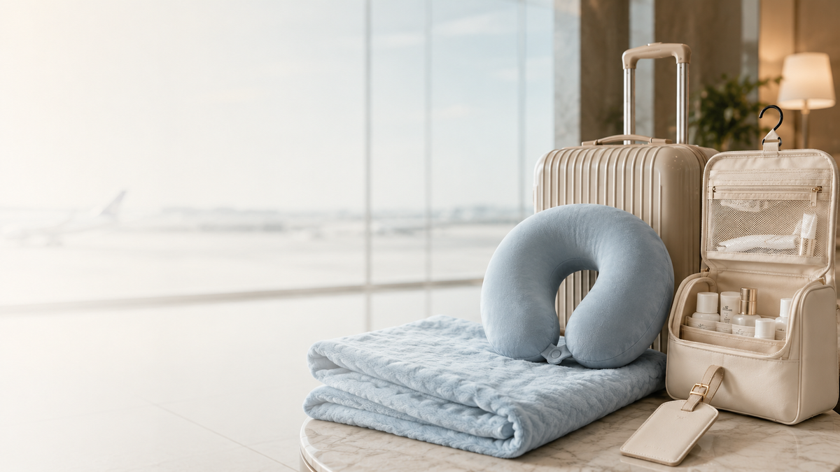 AMTH & Co travel essentials in an airport lounge featuring the light blue Haven Blanket and light blue neck pillow